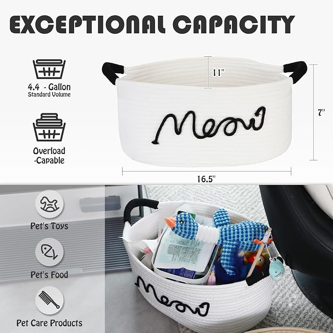 Sea Team Cat Toy Storage Basket with Handles, White Meow | Large Cotton Rope Storage Bin, Shelf Basket, Organizer for Pet Chew Toys, Foods, 16.5 x 11 x 7 Inches, 4.4 Gallons