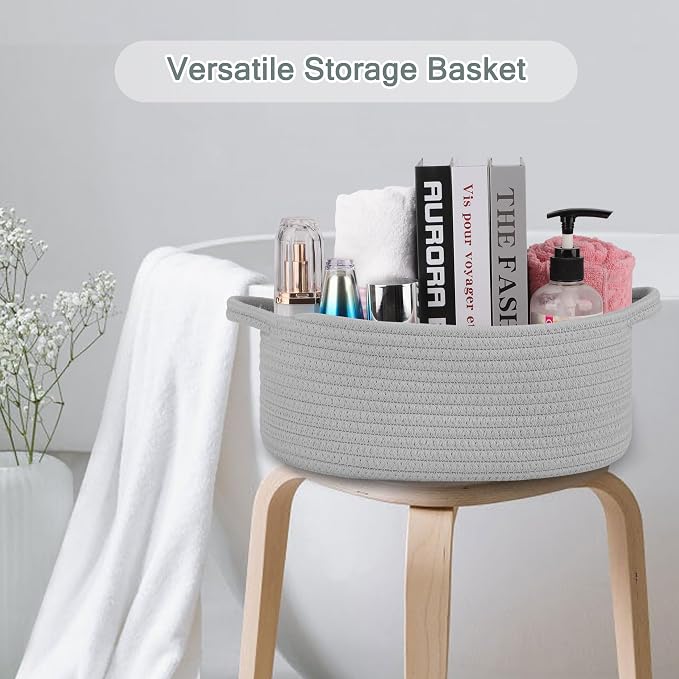 COMSE Empty Small Gift Basket with Bag & Ribbons, Cool Gray | Cotton Rope, 12"x 8"x 5", Baby Toy Organizer, Stores Small Items for Bedrooms, Nurseries, Bathrooms, Living Rooms, Offices
