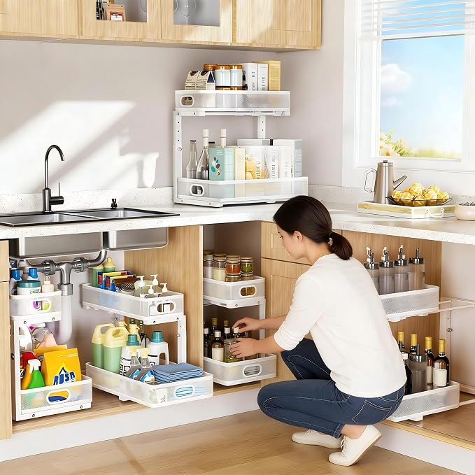 Under Sink Organizer, High Adjustable 2 Tier Under Sink Organizers and Storage, Slide out Metal Cabinet Organizers, Pull out Storage Drawer Shelf for Kitchen Bathroom Cabinet (White-1 pack)