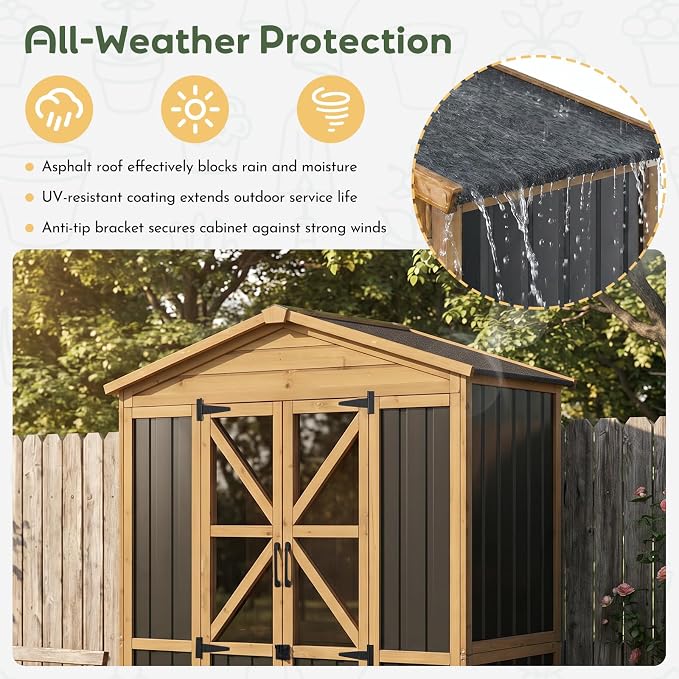 Extra Large Outdoor Storage Cabinet Weatherproof, Garden Shed with Shelves | Waterproof Asphalt Roof, 6 Adjustable Shelves & Anti-Tip Wall Brackets, Lockable Doors, 6 Hooks, for Garden, Garage, Patio