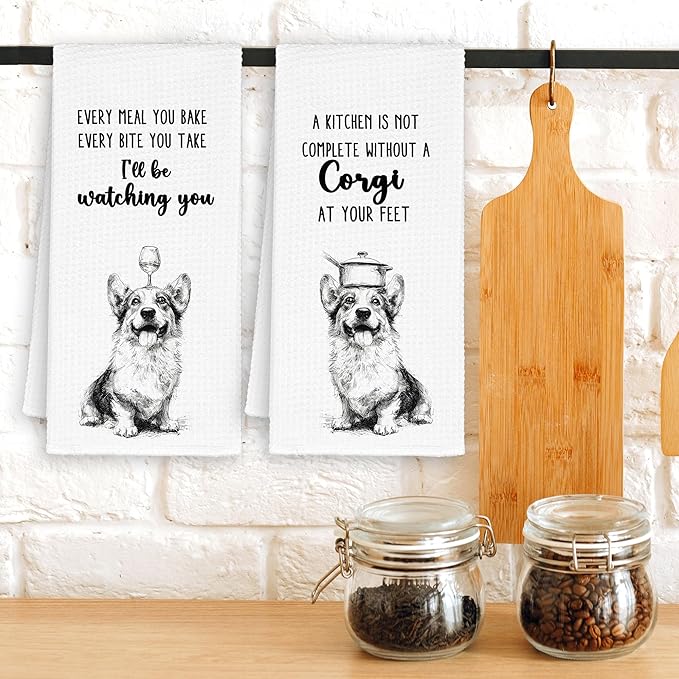 Funny Dog Corgi Kitchen Towels Set of 2, Cute Dish Towel Gifts for Dog Lovers Mom Christmas, Every Meal You Bake Hand Towels Decor for Bathroom, Rustic Tea Bar Towel for Dining Room 16x24in