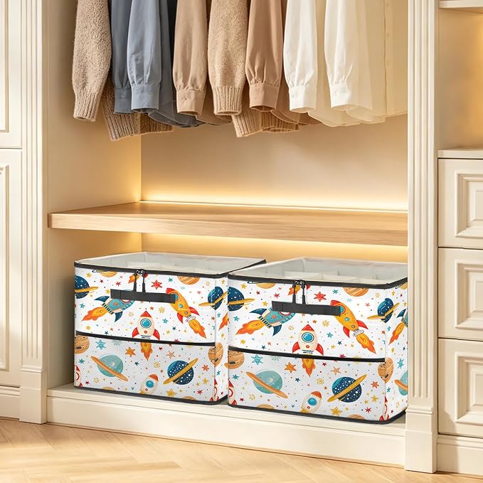 TropicalLife Outer Space Rocket Planets Shoe Organizer for Closet | Foldable Shoe Storage Box Bin 16-32 Pair Shoe Storage for Sneakers, Boots & Heels with Adjustable Dividers, Clear Cover