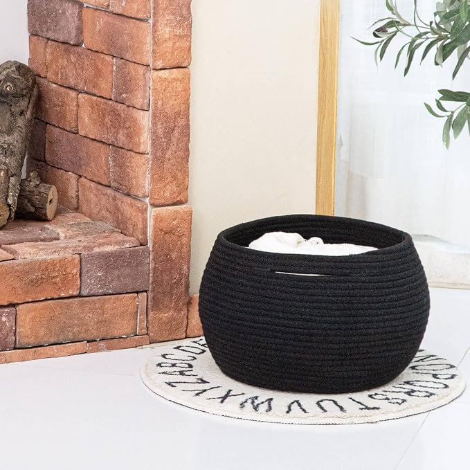 Goodpick Round Woven Rope Storage Basket for Shelves, 10" x 8.3", Black | Decotative Small Basket for Toy Storage, Baby Gift Basket with Handles, Fits Living Roon & Nursery Décor, Plant Baskets