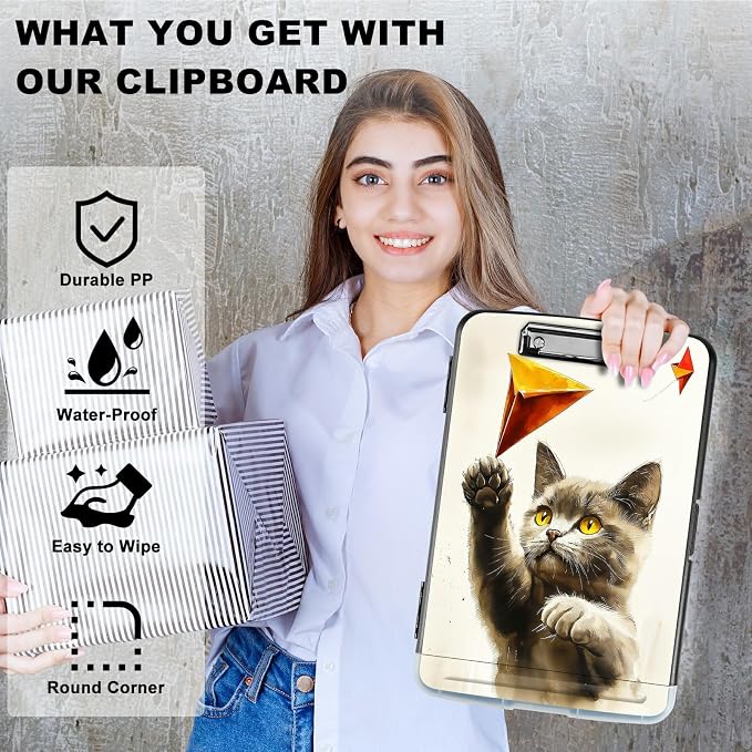 A4 Clipboard with Storage Pen Holder, Clipboards Organizer Nursing Clipboard Foldable File Folder Plastic Clipboard Folio Clip Board for Office Work Classroom Doctor, Gray Cat Painting