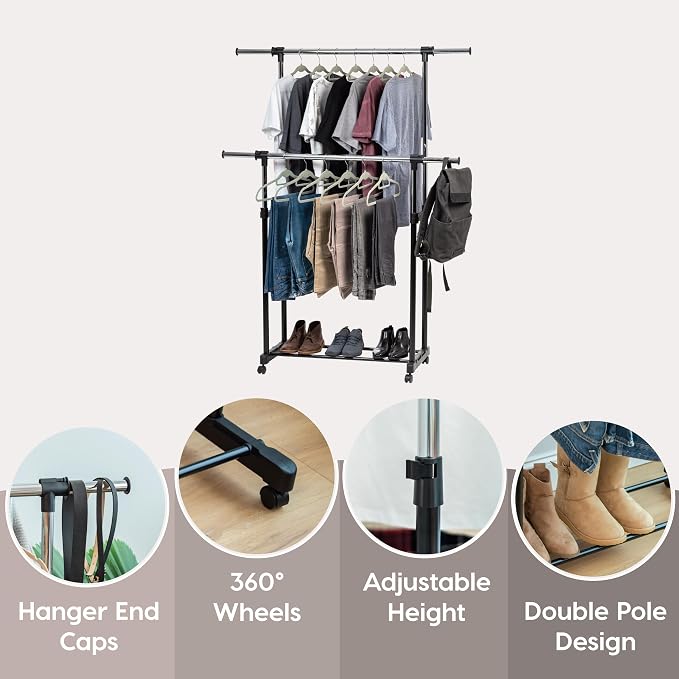 IRIS USA Portable Double-Rod Height Adjustable Clothes Rack with Extendable Bar and Lockable Wheels, Rolling Garment, Double Rod Wardrobe Rack, Easy Assemble, for Clothes, Belts, Shoes, and Bags | Adjustable hanging space for garments, accessories, and...