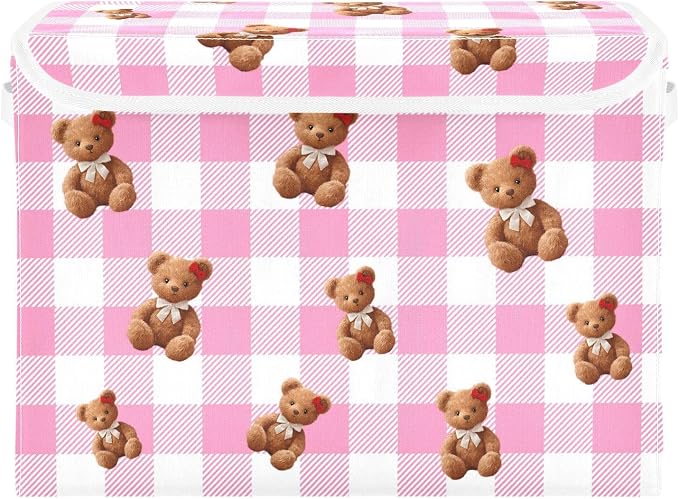 Pink Bear Fabric Storage Bins with Lid Closet Bedroom 40L Fabric Bin | Decorative Storage Boxes, 300D Oxford Cloth, Hollow Board Frame, Flip Top Velcro Lid, 16.5x12.6x11.8 inch, Collapsible Design