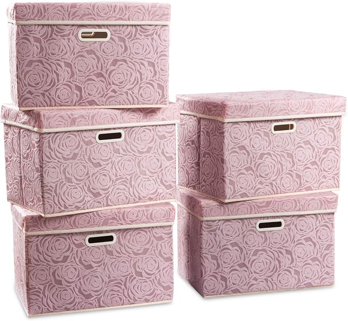 Large Foldable Storage Boxes with Lids [5-Pack] Fabric Decorative Storage Bin Cubes Organizer Containers Baskets with Cover Handles for Bedroom Closet Nursery Pink 17.7x11.8x11.8 Inch
