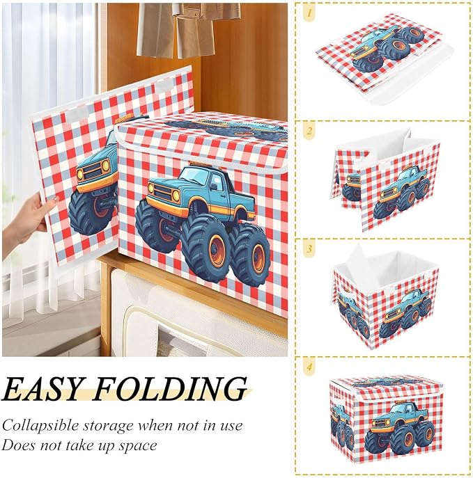 Cartoon Truck Fabric Storage Bins with Lid Closet Storage Basket 40L | Decorative Storage Boxes, Dust-Proof Flip Top, Reinforced Handles, For Home & Bedroom, Clothes & Toy Box, Cartoon Print