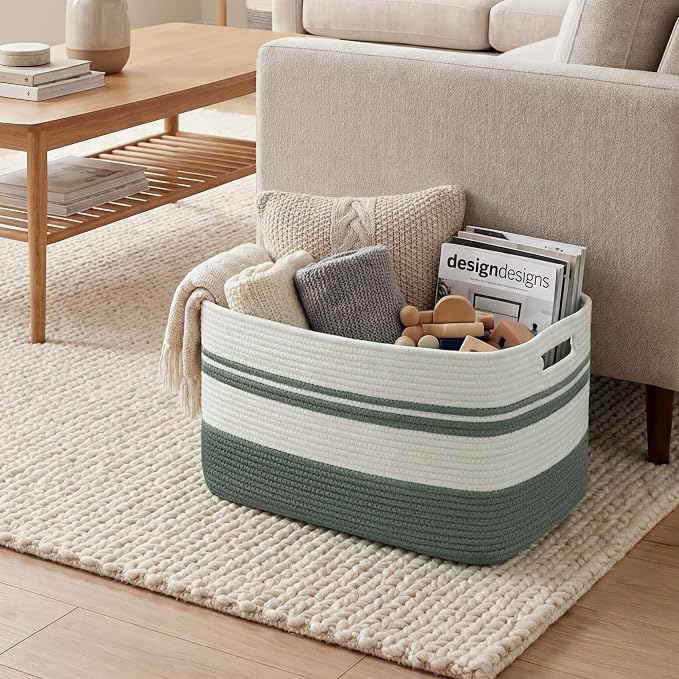 Large Laundry Basket/Hamper, 25"x16"x16" Rectangle Woven Basket | Toy Storage Basket, Baby Blanket Basket, With Handle, Shelf Basket, Living Room Organizing