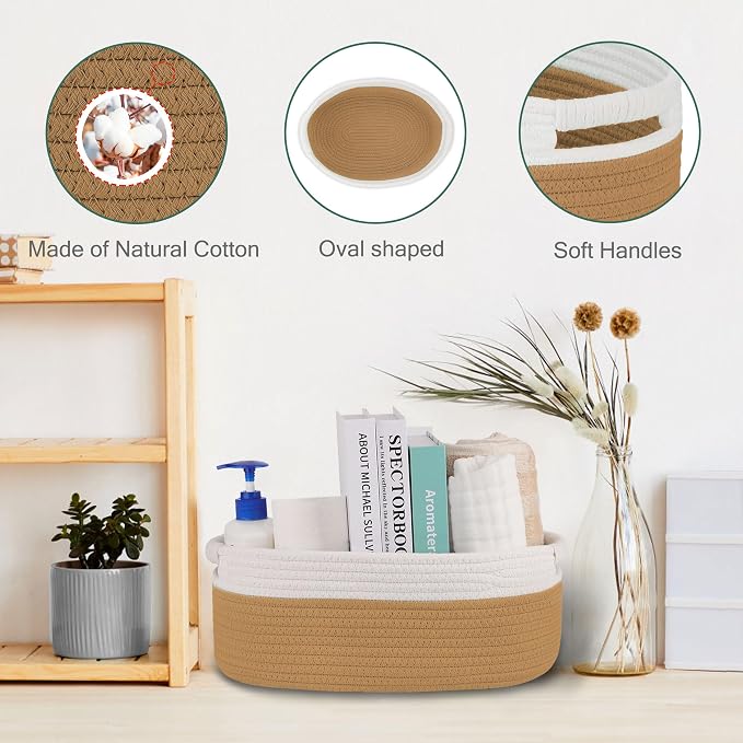 Small Woven Gift Basket with Bag & Ribbons, Camel | Cotton Rope, 13”x 9”x 5.5”, Fits for Kids, Women & Men, Bedroom, Living Room, Nursery & Bathroom Storage, Cat & Dog Toy Boxes