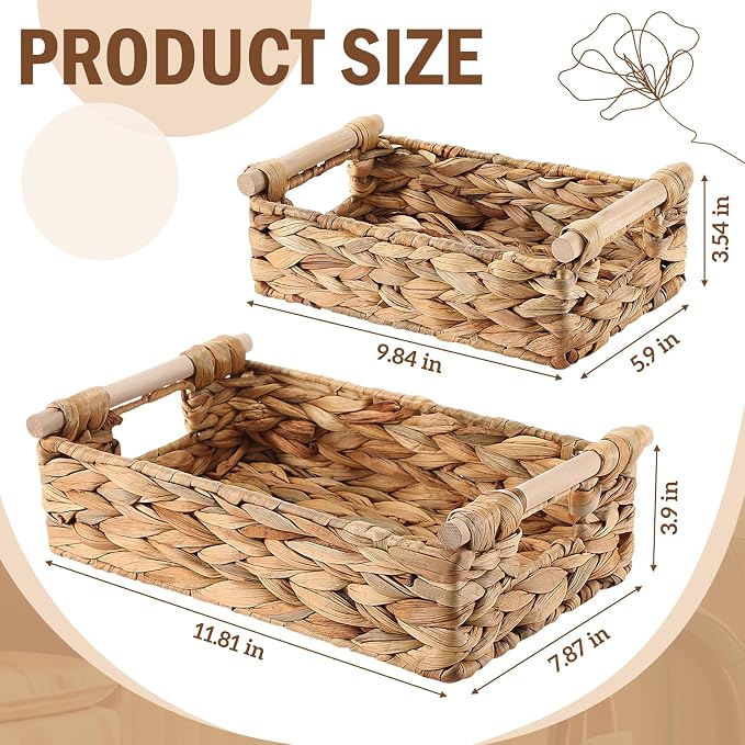 2 Pack Toilet Paper Storage Basket, Wicker Baskets for Bathroom, Water Hyacinth Baskets with Wooden Handles for over Toilet Storage Shelf, End Table, Shelves and More(Medium&small)