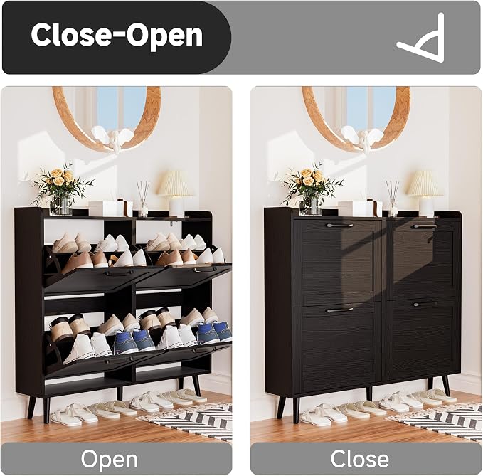Shoe Storage Cabinet with 4 Flip Drawers, Freestanding Shoe Organizer with Adjustable Shelf & Anti-Tipping Device, Hidden Shoe Rack for Entryway, Hallway, Foyer, Lounge（Black）