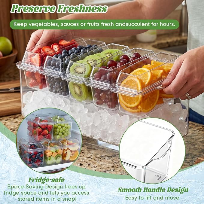 Ice Chilled Condiment Caddy with Drain Plug, 5 Containers with Lids, 85 oz Ice Capacity, 11 Pcs Complete Garnish Tray Condiment Server Set with Drainer Mat Cutlery Holder for Taco Bar Party