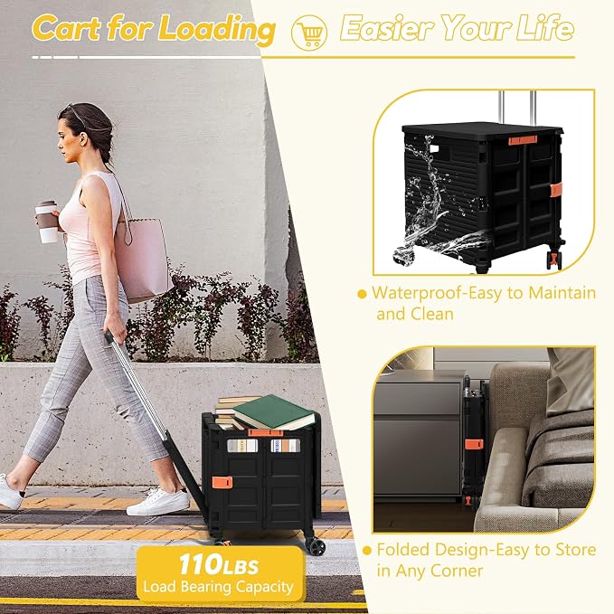 FELICON SELORSS Folding Utility Cart Portable Rolling Crate Handcart-Black | Adjustable Handle+Extended Magnetic Lid,Storage Basket Box,4 Swivel Wheels Tote for Teacher Move Shop Travel Grocery Office