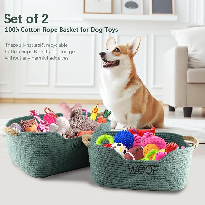 2 Pack Dog Toy Baskets,Pet Rope Basket for Dog Cat Toys,Dog Toy Bin with Handles,Woof Puppy Toy Storage Basket,Puppy Bed,Dog Stuff Organizer for Toys,Collar,Leash,Nursing Supplies-Green