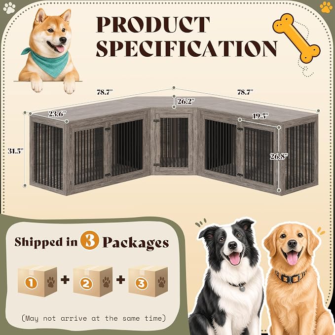 AMERLIFE 128" Extra Large Dog Crate Furniture, 3-in-1 Corner Dog Kennel | Dog Cage with Storage and Divider, Space-Saving Design, Heavy Duty Crate for Medium/Large Dogs, Grey