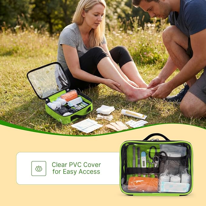 Empty First Aid Bag Clear PVC Waterproof Organizer Pouch Zipper Colored First Aid Kit for EMT Outdoor Travel (Green)