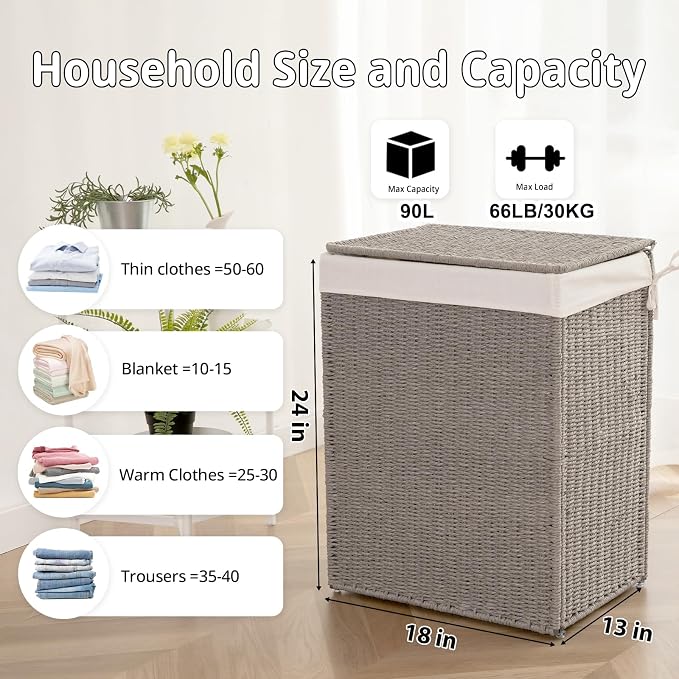 OIAHOMY Laundry Hamper with Lid, 90L(23.8 Gal) Large Wicker Laundry Basket for Bedroom, Handwoven Paper Rope Clothes Hamper with Washable Liner & Metal Frame, Decorative Organizer for Bathroom Grey