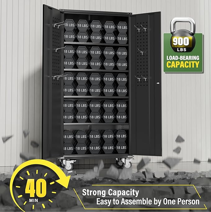 Greenvelly Metal Storage Cabinet with Wheels, 72" Black Garage Rolling Cabinet with Doors and 4 Shelves, Steel Locking Cabinets Tall Tool Lockable Storage Cabinets for Basement, Pantry, Home Office