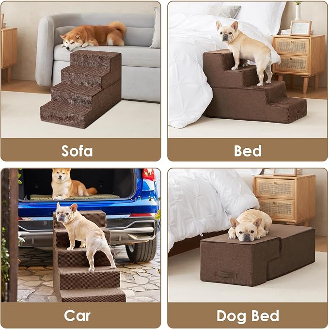 EHEYCIGA Dog Stairs for Bed 20" H, 4-Step Extra Wide Dog Steps, Brown | Pet Steps for Small Dogs and Cats for High Bed, Non-Slip Balanced Pet Ramp Indoor