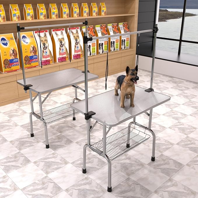 42" Pet Dog Grooming Table, Foldable Stainless Steel Frame Pet Drying Grooming Table Up to 330lbs, Professional Bathing Desk for Dogs at Home with Adjustable Overhead Arms, Noose, Mesh Tray, Silvery