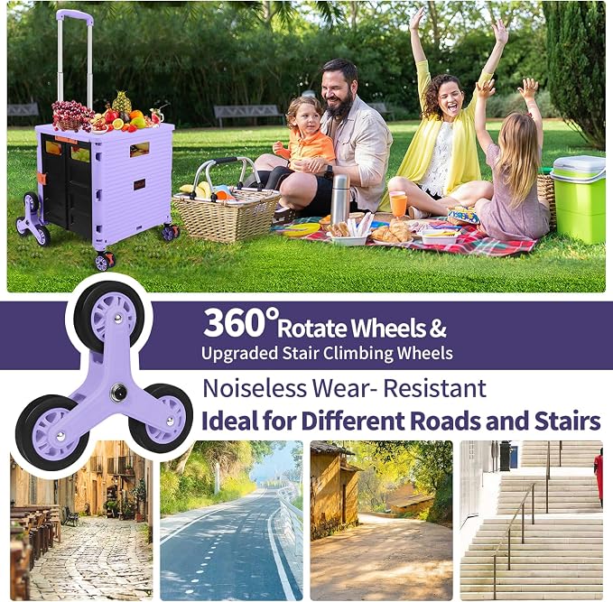 Foldable Utility Cart Collapsible Crate Rolling Carts with Stair Climbing Wheels Rolling Tote Basket Teacher Cart with Lid Wear-Resistant 360°Rotate Wheel Noiseless for Shopping Grocery Office