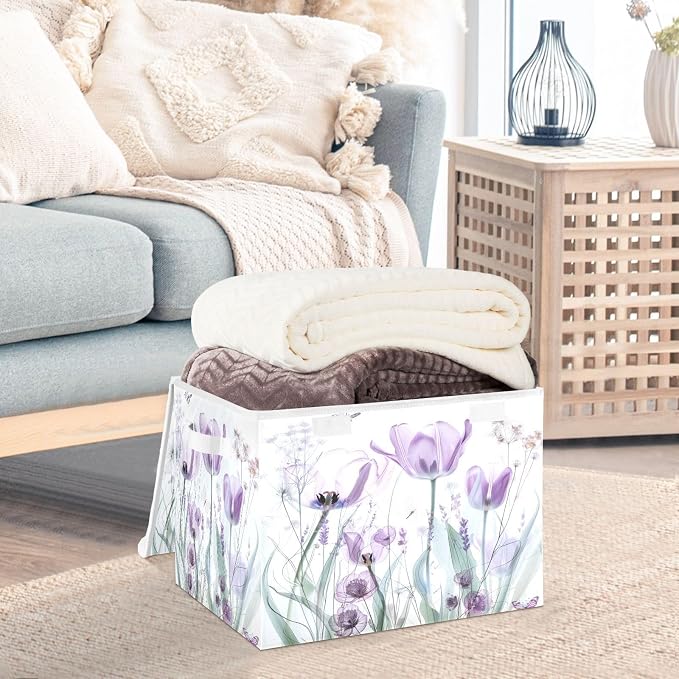 senya Baskets Collapsible Storage Bins with Lids, Purple Tulips Flowers Pastel Storage Boxes Clothes Baskets for Organizing, B06D22020