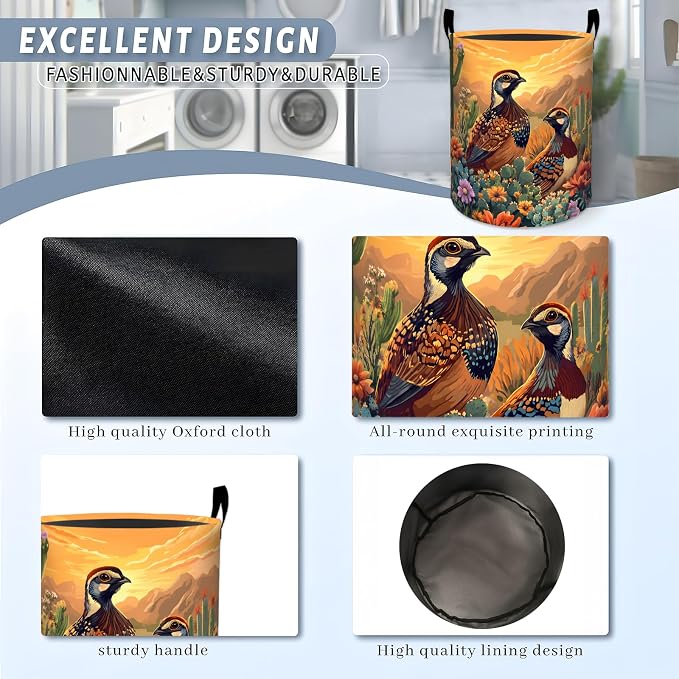 Quail Desert Laundry Basket, Cactus Flower Bird Storage Hamper, Round Collapsible Waterproof Cloth Bin, 19.7x15.7 Inch Southwestern Clothes Organizer Gifts for Bathroom Decor