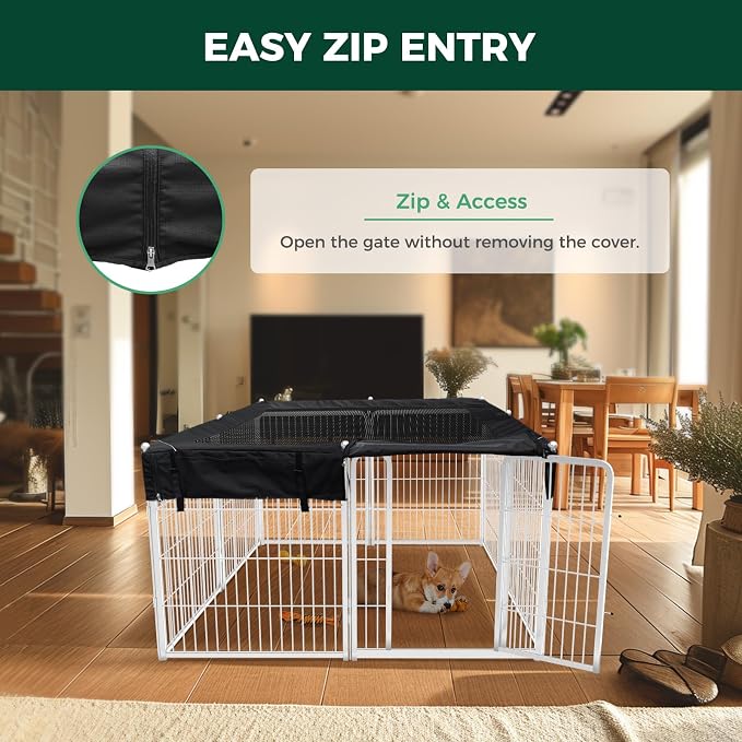 FXW Homeplus Indoor Dog Playpen with Mesh Top Cover, 32" H, 8 Panels | Calm Indoor Play Area, Cover Helps Deter Jump-Outs, for Small & Medium Dogs, Patented