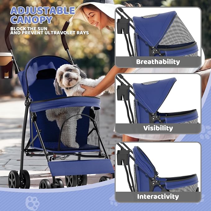 Magshion Compact Fold Pet Travel Stroller for Small Dogs Cats, Navy Blue | Up to 22lbs, 4-Wheel Lightweight Umbrella Shaped Design, Safety Tethers, Breathable Mesh, Cup Holder & Rear Storage