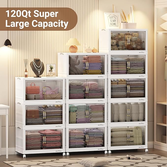 BROVIEW 360Qt Stackable Storage Bins with Lid for Home Dorm, 3Pack White | Closet Organizers, Foldable & Collapsible Cabinets, Large Containers, Wheels & Magnetic Doors, Plastic Drawers for School