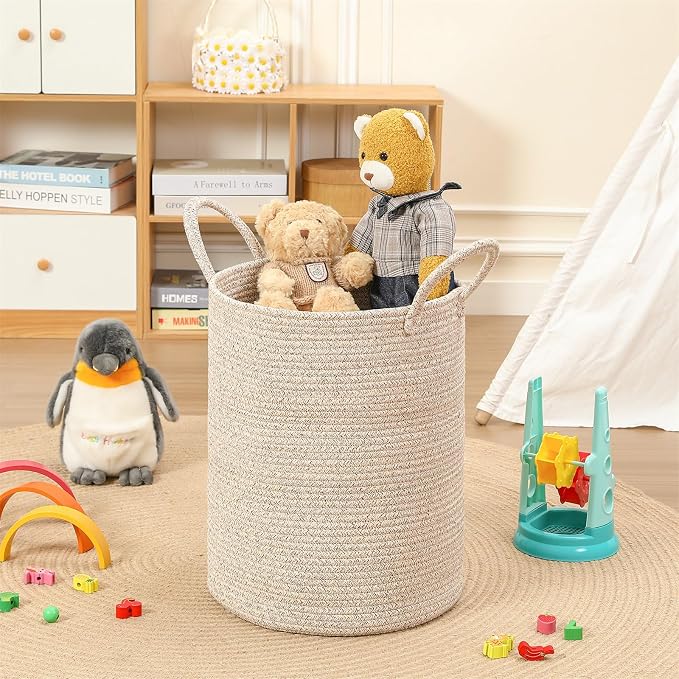 60L Large Woven Laundry Basket Hamper, 100% Natural Cotton Rope, Handwoven & Durable, Storage for Blankets, Toys, Clothes, Decorative Nursery Hamper for Living Room, Baby Room, Bedroom (Brown)