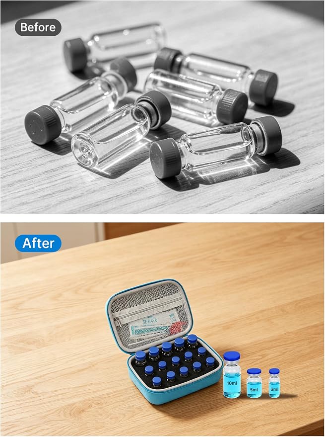 Peptide Case for Fridge - 15 Slots, Insulin & Peptide Vials Storage Case for 3ml 5ml 10ml Vials, Adjustable Travel Safe Organizer, Fit for Diabetics, Weight‑Management (Blue)