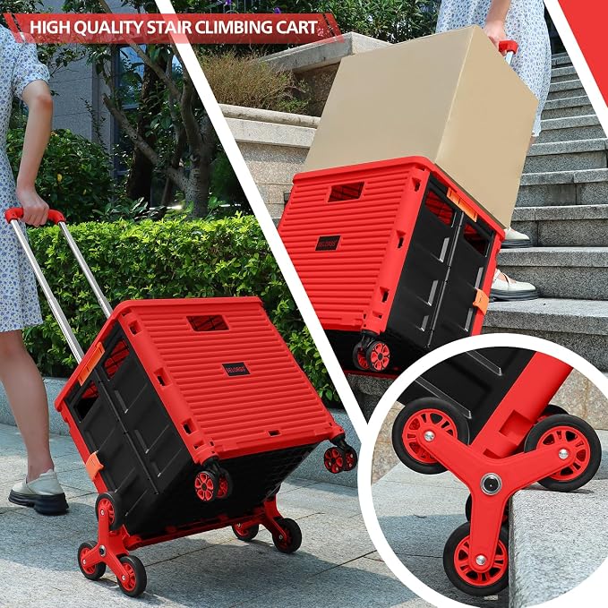 Foldable Utility Cart Collapsible Crate Rolling Carts with Stair Climbing Wheels Rolling Tote Basket Teacher Cart with Lid Wear-Resistant 360°Rotate Wheel Noiseless for Shopping Grocery Office
