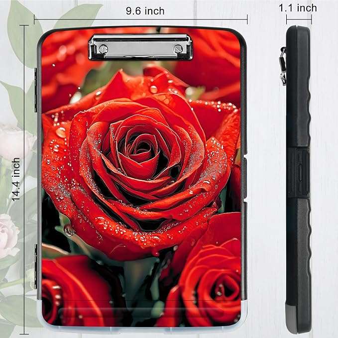 A4 Clipboard with Storage Pen Holder, Clipboards Organizer Nursing Clipboard Foldable File Folder Plastic Clipboard Folio Clip Board for Office Work Classroom Doctor, Red Rose