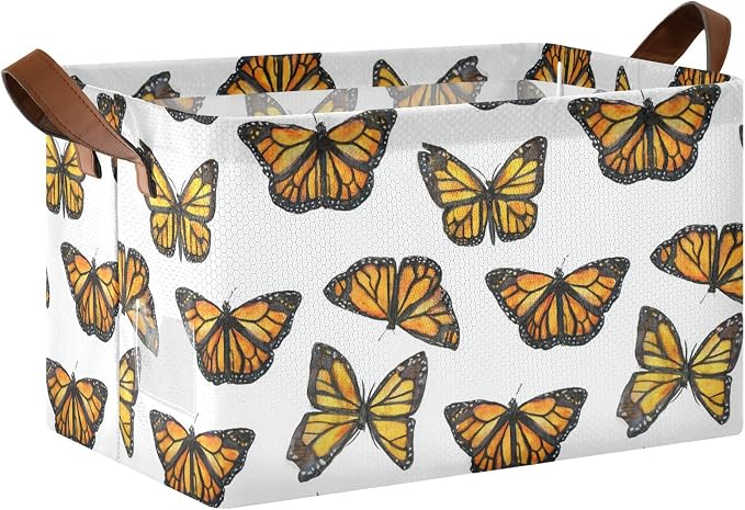 Watercolor Monarch Butterfly Storage Basket Foldable Cube Storage Bins with Handles&Label Waterproof Collapsible Organizer Box Bin Large Rectangle Decorative Baskets for Shelves Home Room Laundry