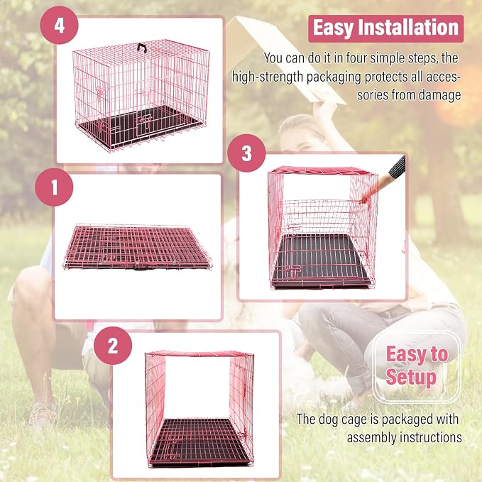 Dog Crate Dog Cage Dog Kennel Outdoor Metal Wire Double-Door Folding Pet Animal Pet Cage for Small Dog 24 inches with Plastic Tray and Handle,Pink