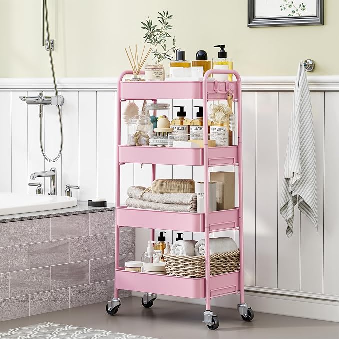 TOOLF 4 Tier Metal Rolling Cart, Utility Storage Cart with Wheels, Pink | Screwless Assembly, Lockable Metal Wheels, Trolley Organizer for Bathroom, Kitchen, Office, Dorm, Laundry, Craft Room