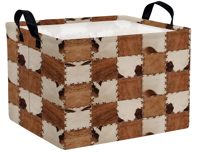 Checkered Kids Toy Basket Collapse Storage Bin with Handles Canvas Cow Fur Print Home Decor(Brown White)