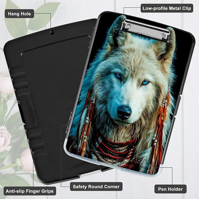 A4 Clipboard with Storage Pen Holder, Clipboards Organizer Nursing Clipboard Foldable File Folder Plastic Clipboard Folio Clip Board for Office Work Classroom Doctor, White Wolf Feathers