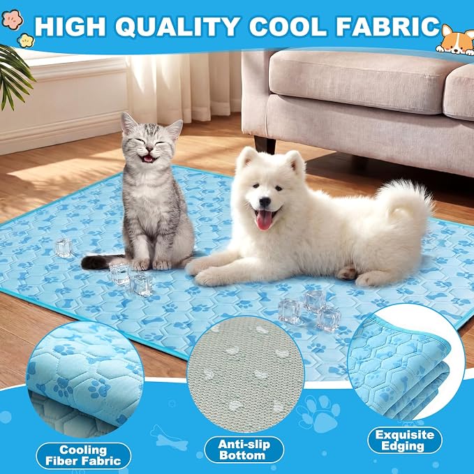 Hahafelt 4 Pack Dog Cooling Mat with Storage Bag 40" x 28" Blue Ice Silk Cooling Mat for Dogs Cats Washable Foldable Pet Sleeping Pad for Crate Bed Indoor and Outdoor Floor