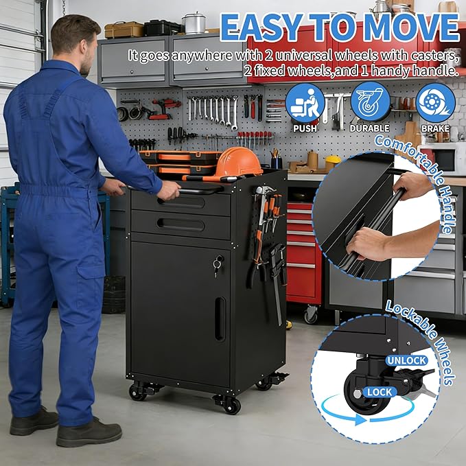 Metal Storage Cabinet for Garage, Tool Cabinet, Utility Cabinet | Wheeled, Rolling Tool Cabinet, 2 Drawers, 1 Door Lockable, Top Countertop, Pegboard, Assembly Required, Black