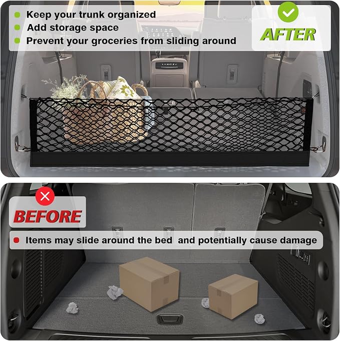 Muslogy Cargo Net for Honda Ridgeline 2017-2025 2026 Accessories | Custom Fit, Trunk Storage Organizer Net for SUV Sedan Van Divider, with Heavy Duty Carabiners, Night Visible Grab Handle