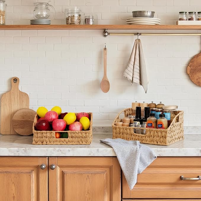 GRANNY SAYS Wicker Storage Basket, Trapezoid Woven Baskets for Storage | Wicker Storage Baskets for Pantry, Open Front Basket for Shelves, Kitchen Storage Baskets, Decorative Basket for Home Decor