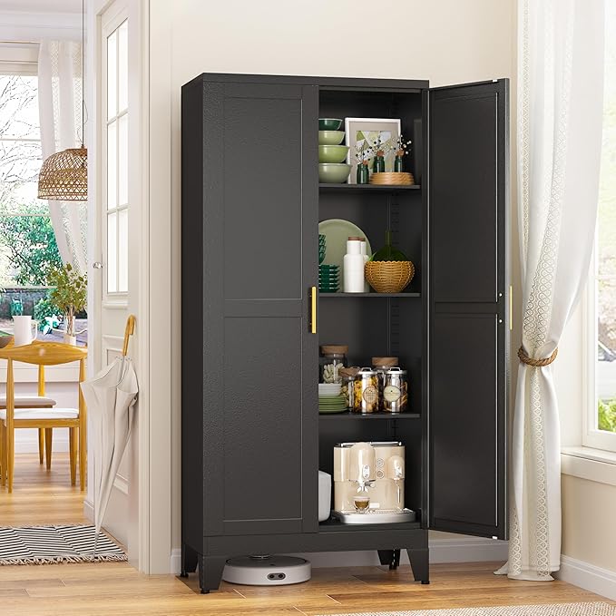 GAIOUS Metal Storage Cabinet, Black Pantry Storage Cabinets with 2 Door | and 3 Adjustable Shelves, Kitchen Food Storage Cabinet, Metal Utility Cabinet for Kitchen Laundry Room, Cupboard