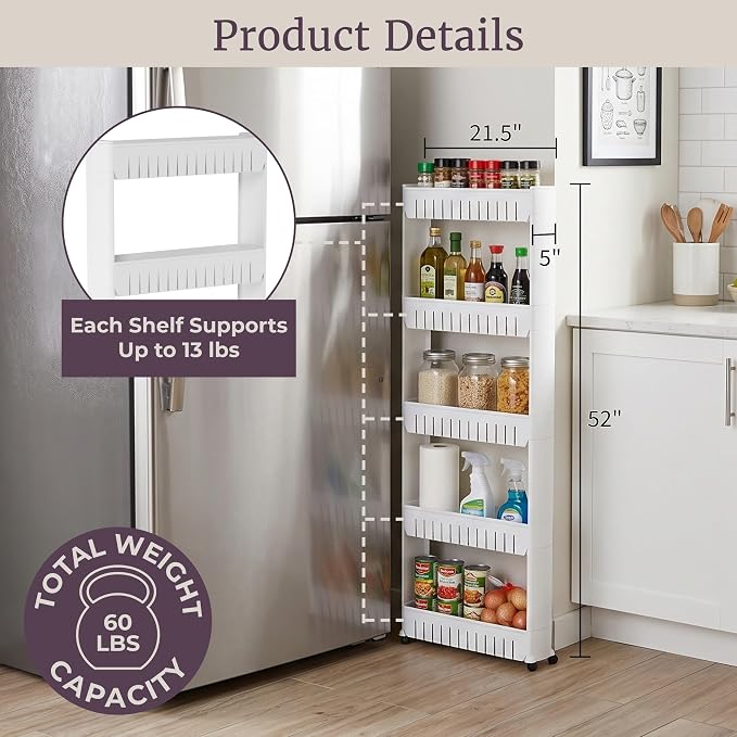 Lavish Home Slim Rolling Storage Cart, White, 21.5” x 5” x 52”