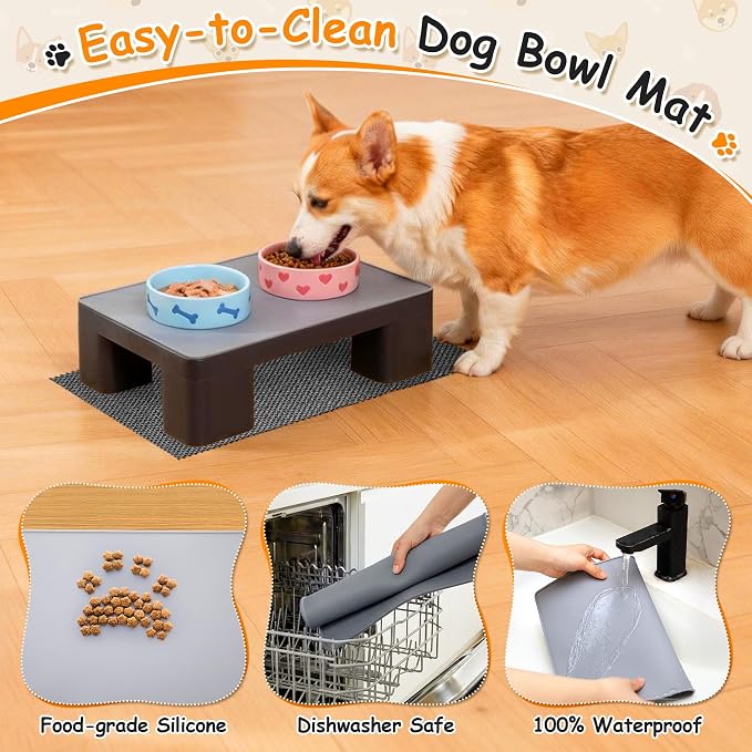 2 Pcs Elevated Dog Bowl Stand with Waterproof Dog Food Mat, Non-Slip, Black | Reduce Neck & Joint Strain, Easy to Clean Silicone Pet Feeding Mat, Sturdy Legs, Ideal for Small & Medium Dogs and Cats