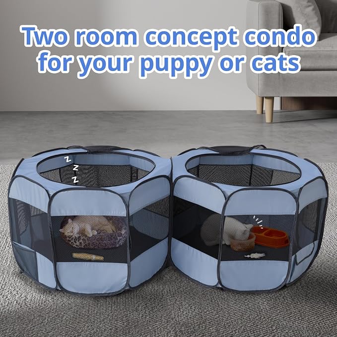 2-in-1 XLarge Portable Cat Playpen Assembly-Free for Indoor Cats Enclosed Pop Up Dog Play Pen Outdoor Puppy Pet Tent Crate House Condo Kitten Kennel Small Animals Cage(No Divider, Unified Space)