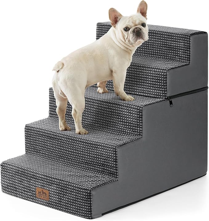 COZY KISS Dog Stairs for Small Dogs, 5 Step Pet Stairs for Beds & Couches | 23.6" H Wide Non-Slip Dog Steps with Removable Tiers & Support Board for Puppies, Older Cats & Dogs, Dark Grey
