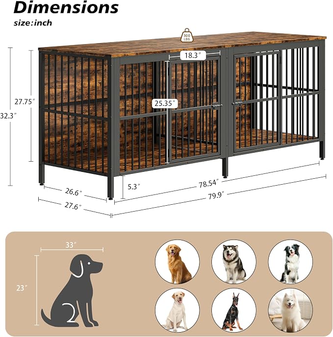 80'' Double Dog Crate Furniture for 2 Dogs, Large Dog Kennel Furniture Indoor as TV Stand, Wooden Dogs Cage Heavy Duty Kennel End Side Table for Living Room, Large & Medium Dogs, Brown